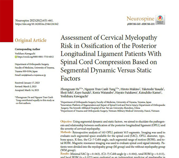 Assessment of cervical Myelopathy risk in ossification of the posterior longitudinal ligament patients with spinal cord compression based on segmental dynamic versusu static factors.